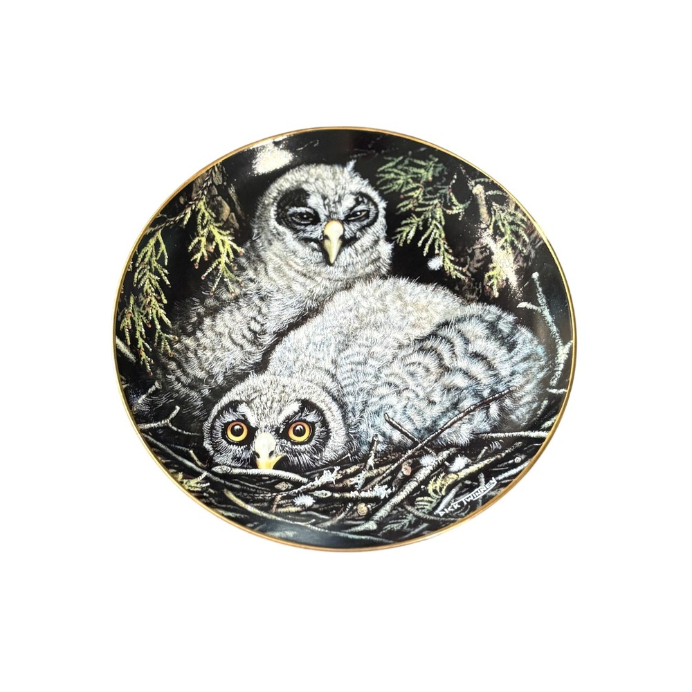 Danbury Mint Great Grey Owls Collector Plate Dick Twinney 1988 Baby Owls 8"